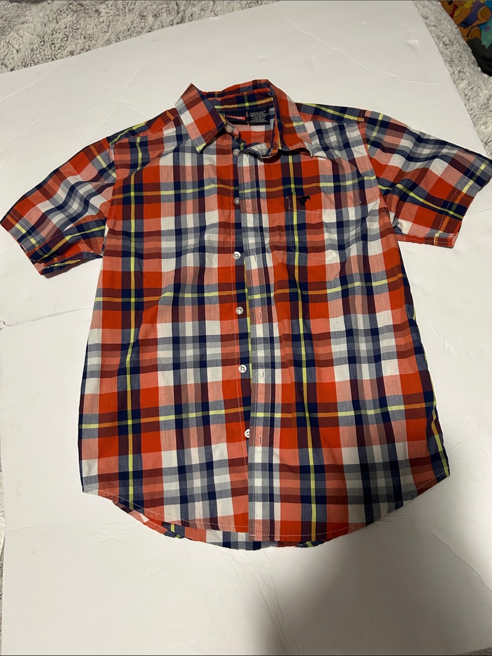 Wrangler Orange Red Navy Plaid Short-Sleeve Button-Down Shirt